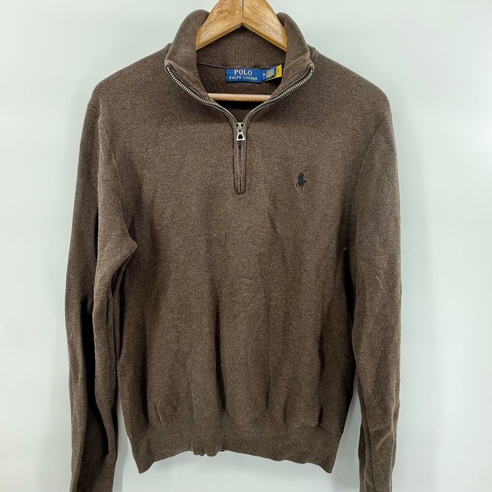 Polo Ralph Lauren Mens Brown Cotton Quarter Zip Waffle Knit Sweater Size M